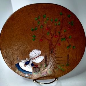 Vintage Hand Painted Wooden Wall Hanging Apple Tree Orchard Country Sunbonnet